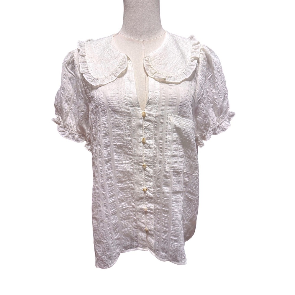 GIGIO USA White Ruffle Peter Pan Collar Puff Sleeve Button Down Blouse Medium